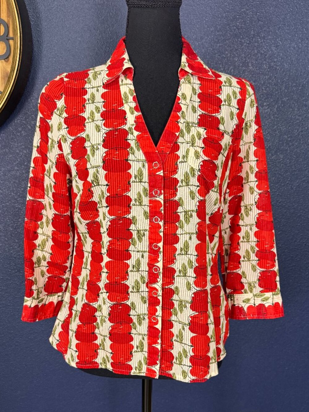 We Love Vera Anthropologie Red Delicious Apple Print Snap Cotton Blouse | 4